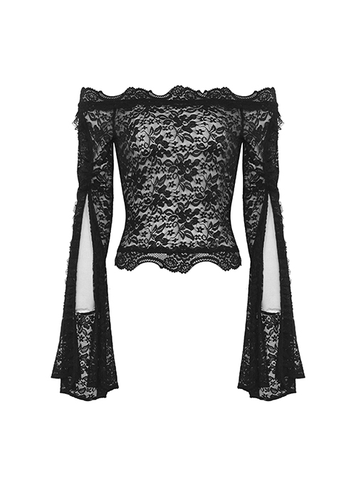 Gothic Style Retro Exquisite Lace Sexy See Through Elegant Black One Shoulder Trumpet Sleeves T Shirt