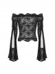 Gothic Style Retro Exquisite Lace Sexy See Through Elegant Black One Shoulder Trumpet Sleeves T Shirt
