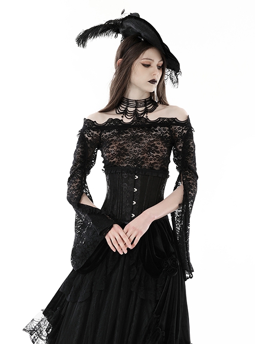 Gothic Style Retro Exquisite Lace Sexy See Through Elegant Black One Shoulder Trumpet Sleeves T Shirt