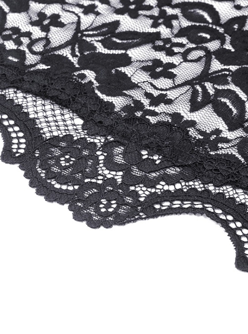 Gothic Style Retro Exquisite Lace Sexy See Through Elegant Black One Shoulder Trumpet Sleeves T Shirt