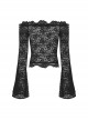 Gothic Style Retro Exquisite Lace Sexy See Through Elegant Black One Shoulder Trumpet Sleeves T Shirt