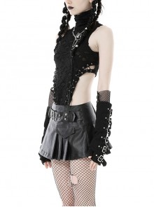 Punk Style High Collar Sexy High Slit Leather Cross Strap Decadent Hole Extended Front Black Sleeveless Top