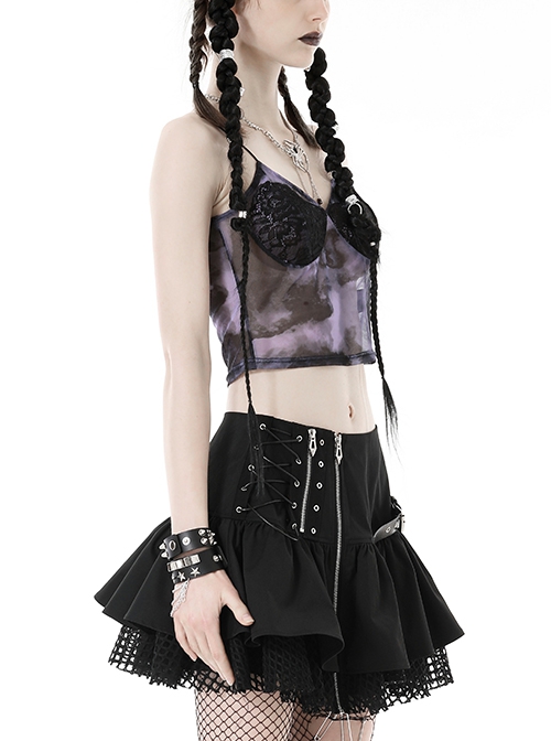 Punk Style Exquisite Black Chest Lace Stitching Personalized Purple Black Tie Dye Sexy Suspender Top