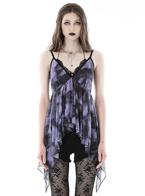 Punk Style Exquisite Lace Sexy Slightly See Through Tulle Black Purple Tie Dye Suspender Dress