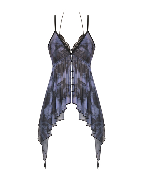 Punk Style Exquisite Lace Sexy Slightly See Through Tulle Black Purple Tie Dye Suspender Dress