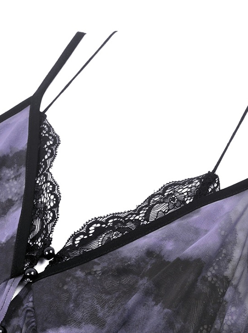 Punk Style Exquisite Lace Sexy Slightly See Through Tulle Black Purple Tie Dye Suspender Dress