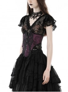 Gothic Style Elegant V Neck Exquisite Lace Sexy Slightly See Through Cross Strap Black Short Sleeves Top