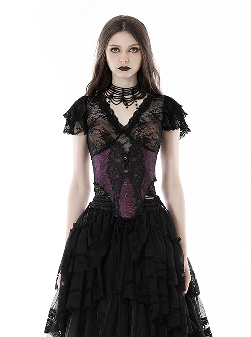 Gothic Style Elegant V Neck Exquisite Lace Sexy Slightly See Through Cross Strap Black Short Sleeves Top