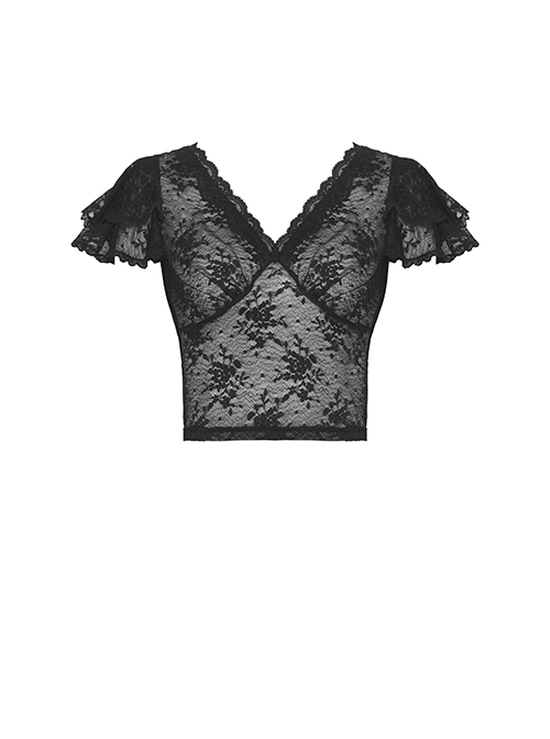 Gothic Style Elegant V Neck Exquisite Lace Sexy Slightly See Through Cross Strap Black Short Sleeves Top