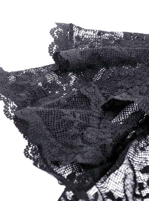 Gothic Style Elegant V Neck Exquisite Lace Sexy Slightly See Through Cross Strap Black Short Sleeves Top