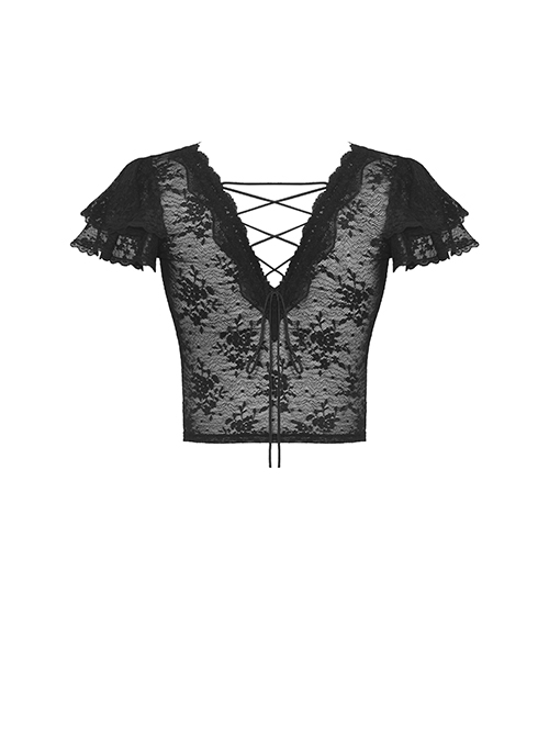 Gothic Style Elegant V Neck Exquisite Lace Sexy Slightly See Through Cross Strap Black Short Sleeves Top