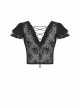Gothic Style Elegant V Neck Exquisite Lace Sexy Slightly See Through Cross Strap Black Short Sleeves Top