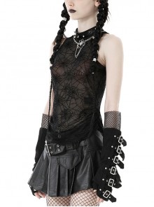 Punk Style Leather Stand Collar Cool Metal Spike Rivets Sexy See Through Cobweb Mesh Black Sleeveless Vest Top