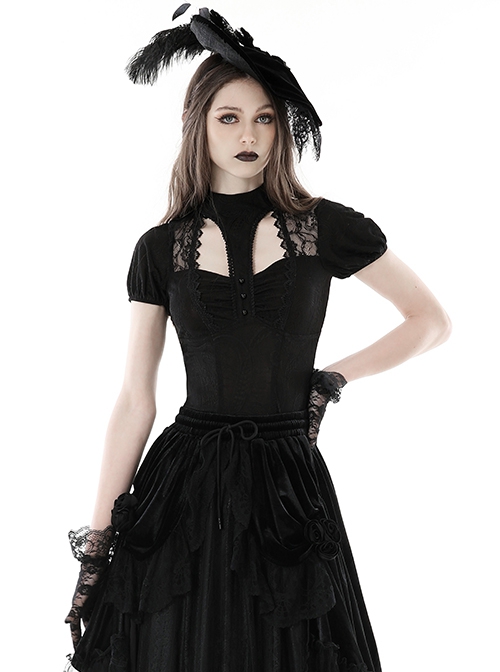 Gothic Style Retro Stand Collar Palace Puff Sleeves Exquisite Lace Stitching Black Short Sleeves Top