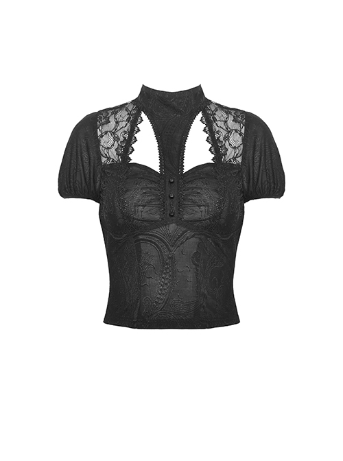 Gothic Style Retro Stand Collar Palace Puff Sleeves Exquisite Lace Stitching Black Short Sleeves Top