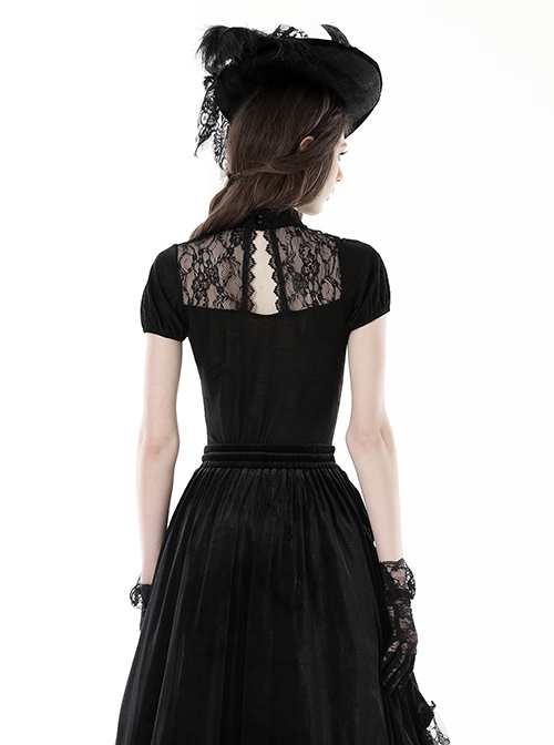 Gothic Style Retro Stand Collar Palace Puff Sleeves Exquisite Lace Stitching Black Short Sleeves Top
