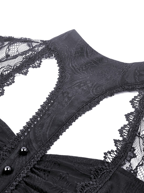 Gothic Style Retro Stand Collar Palace Puff Sleeves Exquisite Lace Stitching Black Short Sleeves Top