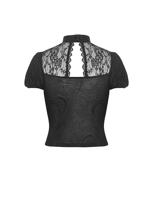 Gothic Style Retro Stand Collar Palace Puff Sleeves Exquisite Lace Stitching Black Short Sleeves Top
