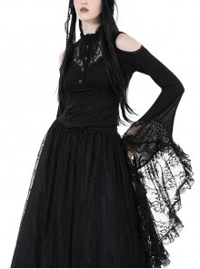 Gothic Style Exquisite Stand Collar Gorgeous Layered Lace Sexy Off Shoulder Black Long Sleeves Slim Top