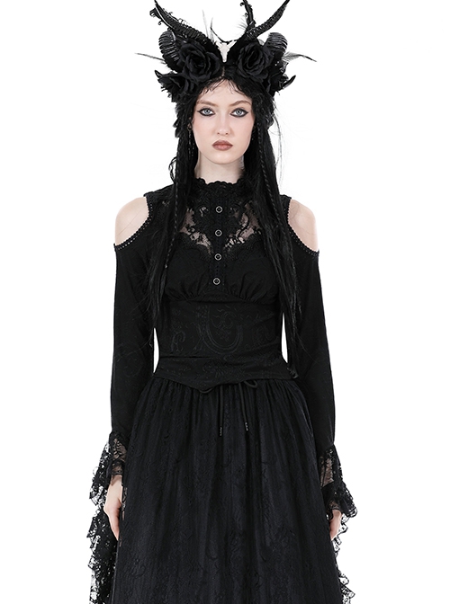Gothic Style Exquisite Stand Collar Gorgeous Layered Lace Sexy Off Shoulder Black Long Sleeves Slim Top