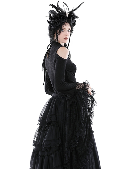 Gothic Style Exquisite Stand Collar Gorgeous Layered Lace Sexy Off Shoulder Black Long Sleeves Slim Top