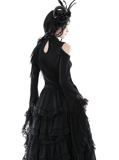 Gothic Style Exquisite Stand Collar Gorgeous Layered Lace Sexy Off Shoulder Black Long Sleeves Slim Top