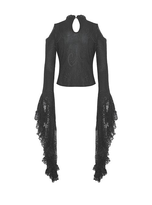 Gothic Style Exquisite Stand Collar Gorgeous Layered Lace Sexy Off Shoulder Black Long Sleeves Slim Top