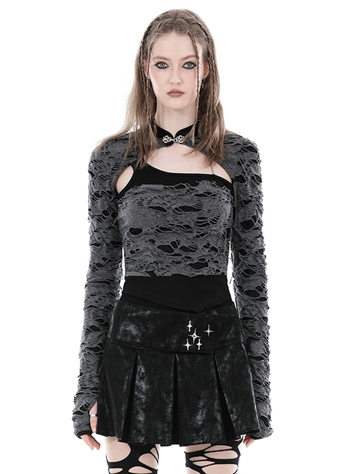 Punk Style Stand Collar Retro Metal Buckle Decoration Decadent Hollow Gray Black Long Sleeves Top