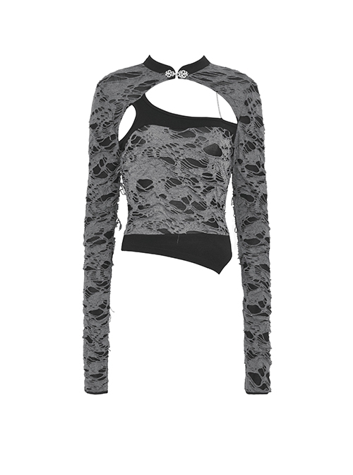 Punk Style Stand Collar Retro Metal Buckle Decoration Decadent Hollow Gray Black Long Sleeves Top