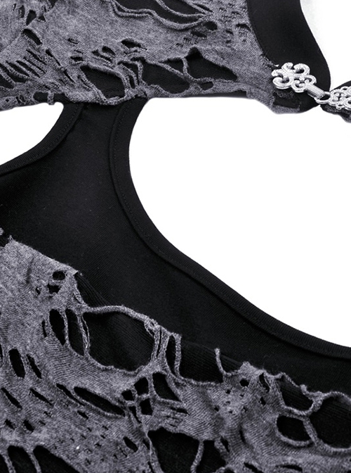 Punk Style Stand Collar Retro Metal Buckle Decoration Decadent Hollow Gray Black Long Sleeves Top