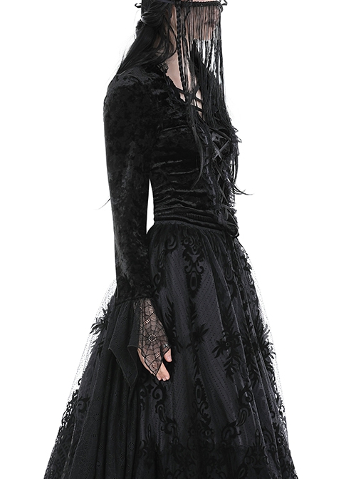 Gothic Style Luxury Velvet Gorgeous Sexy Multi Layered Cobweb Lace Exquisite Straps Black Long Sleeves Top