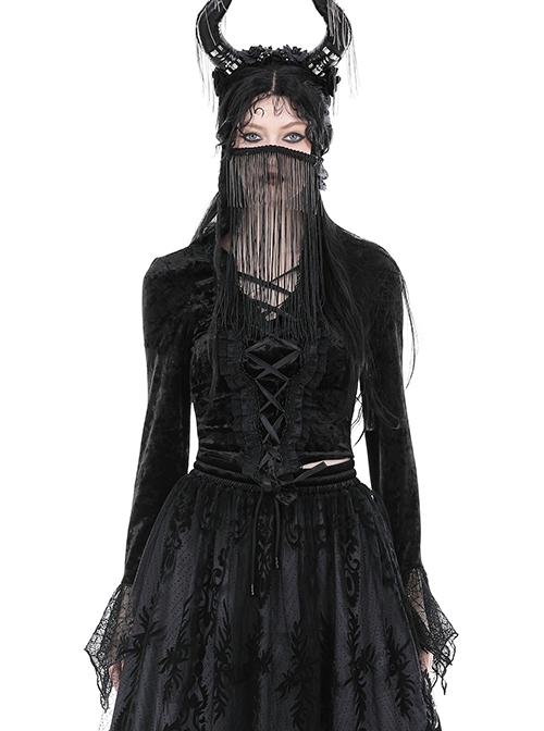 Gothic Style Luxury Velvet Gorgeous Sexy Multi Layered Cobweb Lace Exquisite Straps Black Long Sleeves Top