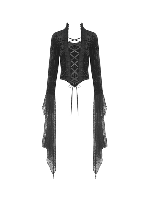 Gothic Style Luxury Velvet Gorgeous Sexy Multi Layered Cobweb Lace Exquisite Straps Black Long Sleeves Top