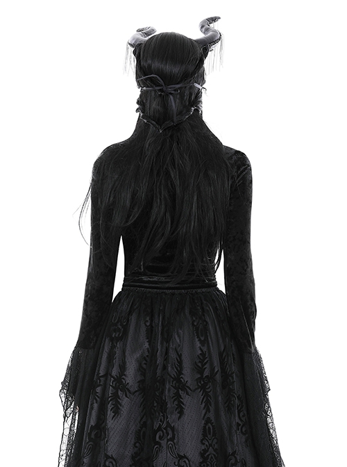 Gothic Style Luxury Velvet Gorgeous Sexy Multi Layered Cobweb Lace Exquisite Straps Black Long Sleeves Top