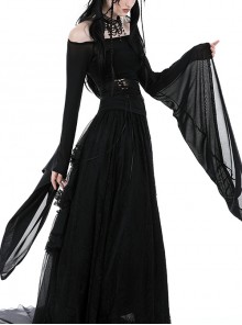 Punk Style Sexy One Shoulder Personalized Hollow Slightly See Through Black Mesh Trumpet Large Sleeves Top