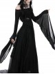 Punk Style Sexy One Shoulder Personalized Hollow Slightly See Through Black Mesh Trumpet Large Sleeves Top