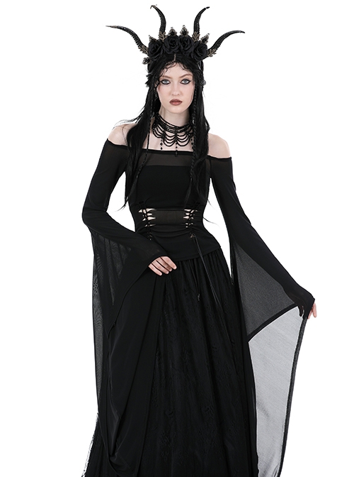 Punk Style Sexy One Shoulder Personalized Hollow Slightly See Through Black Mesh Trumpet Large Sleeves Top