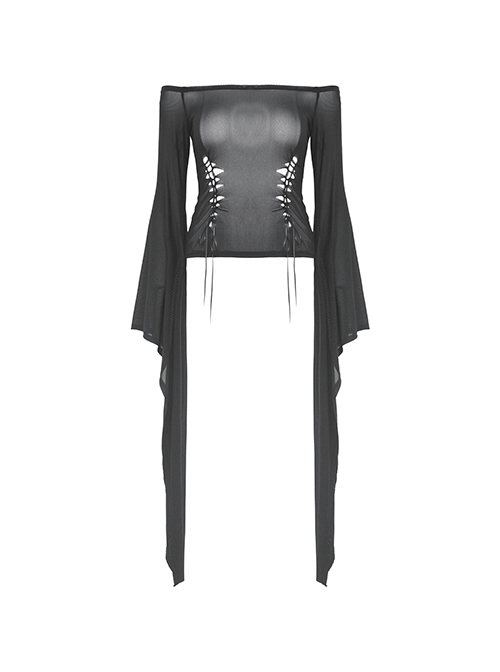 Punk Style Sexy One Shoulder Personalized Hollow Slightly See Through Black Mesh Trumpet Large Sleeves Top