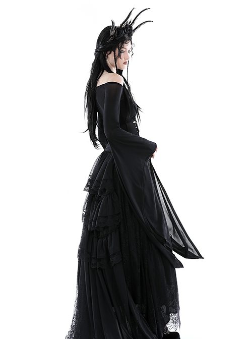 Punk Style Sexy One Shoulder Personalized Hollow Slightly See Through Black Mesh Trumpet Large Sleeves Top
