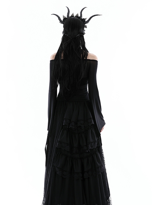 Punk Style Sexy One Shoulder Personalized Hollow Slightly See Through Black Mesh Trumpet Large Sleeves Top