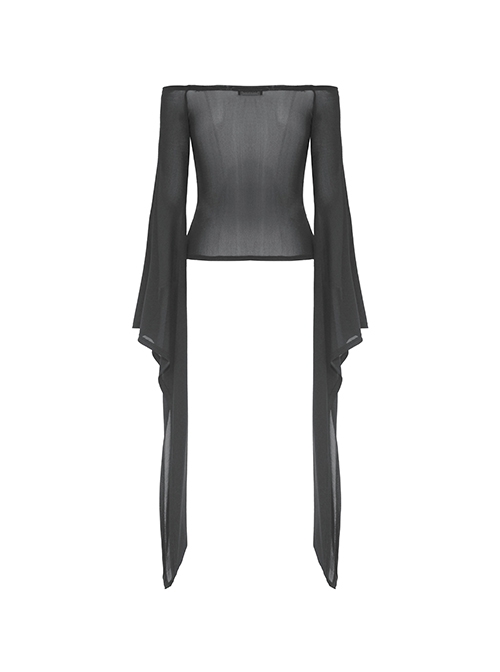 Punk Style Sexy One Shoulder Personalized Hollow Slightly See Through Black Mesh Trumpet Large Sleeves Top