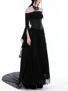 Gothic Style Black Sexy Mesh One Shoulder Exquisitely Pleated Black Slightly See Through Long Sleeves Top