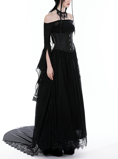 Gothic Style Black Sexy Mesh One Shoulder Exquisitely Pleated Black Slightly See Through Long Sleeves Top