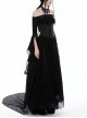 Gothic Style Black Sexy Mesh One Shoulder Exquisitely Pleated Black Slightly See Through Long Sleeves Top