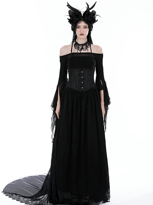 Gothic Style Black Sexy Mesh One Shoulder Exquisitely Pleated Black Slightly See Through Long Sleeves Top
