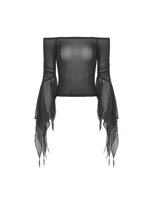 Gothic Style Black Sexy Mesh One Shoulder Exquisitely Pleated Black Slightly See Through Long Sleeves Top