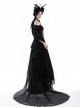 Gothic Style Black Sexy Mesh One Shoulder Exquisitely Pleated Black Slightly See Through Long Sleeves Top