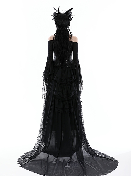 Gothic Style Black Sexy Mesh One Shoulder Exquisitely Pleated Black Slightly See Through Long Sleeves Top