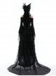 Gothic Style Black Sexy Mesh One Shoulder Exquisitely Pleated Black Slightly See Through Long Sleeves Top