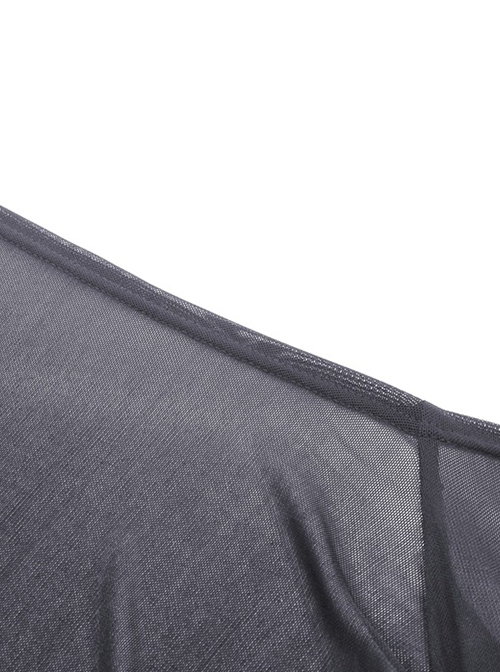 Gothic Style Black Sexy Mesh One Shoulder Exquisitely Pleated Black Slightly See Through Long Sleeves Top